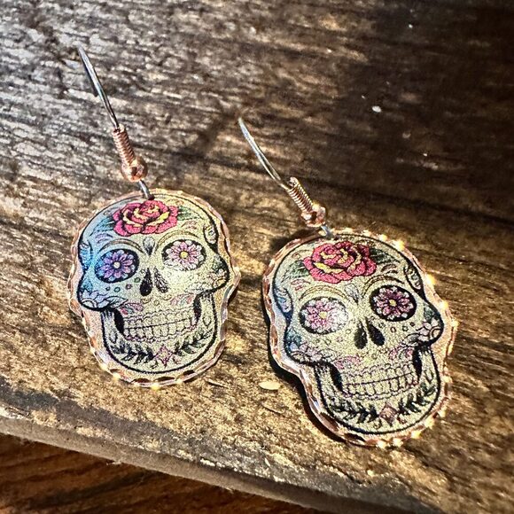 Handmade Boho Copper Earrings, Day of The Dead Rose Wire Earrings, Gift Box - Picture 5 of 10
